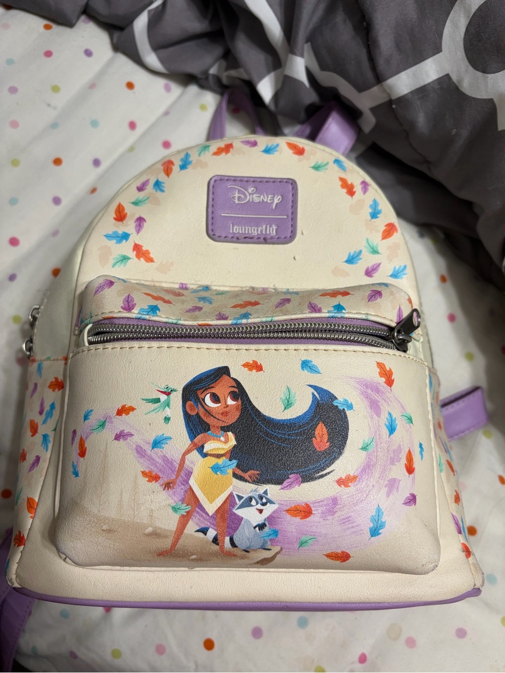 Loungefly Cream & Purple Pocahontas  Mini Backpack with Colorful Leaf Accents